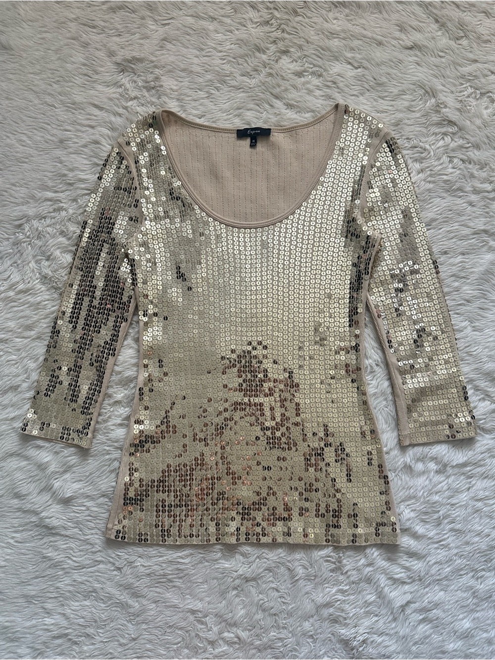 Vintage Express Sequin Top 3/4 Sleeve Scoopneck 100% Pima Cotton Y2K Gold Sz M